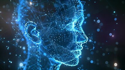 Aufkleber - A digital illustration depicting a human head in profile, composed of blue network lines and glowing dots, representing advanced technology or artificial intelligence.
