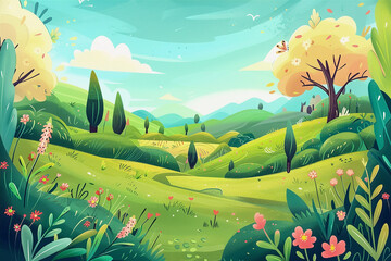 Poster - Cartoon background for children's book, storybook, nature backdrop, summer landscape with green meadows