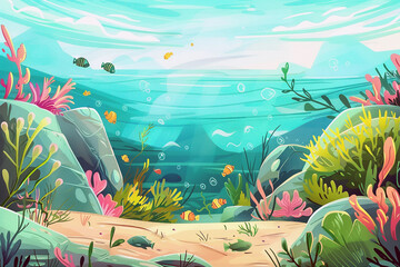 Wall Mural - Cartoon background for children's book, storybook. Undersea backdrop with corals and fishes for product preview