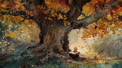 Wall Mural - Autumnal tree with a child reading a book in a forest setting, perfect for autumnal designs and artwork