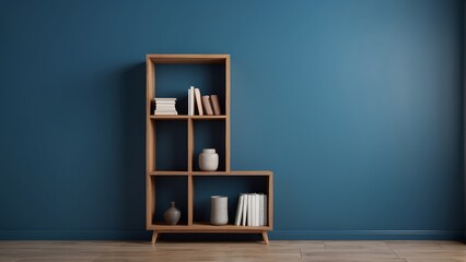 minimalist empty space with wall bookcase on stormy blue wall color background
