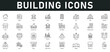 © Icon Zilla - Building Icons vector illustration with thin line editable stroke containing house, office, bank, school, hotel, city, villa, hospital, shop, casino, government, temple, post office, tent, shopping