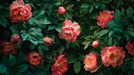 Wall Mural - Additional elements in the composition, such as green leaves, branches or decorative frame elements of peonies generative ai