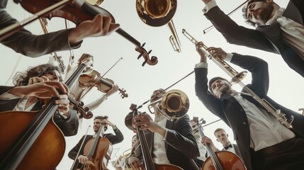 The image shows a group of musicians playing their instruments. They are all looking down at the conductor. The conductor is wearing a black suit and a white tie. He is holding a baton in his right