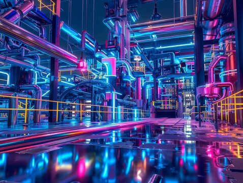 A futuristic industrial facility with vibrant neon lights and reflective surfaces, showcasing advanced technology and complex machinery.