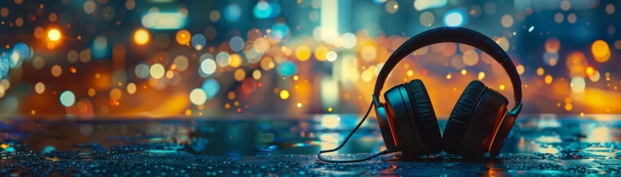 A single pair of headphones with imaginative elements, a unique background, and advanced themes to evoke a sense of wonder with a blurry backdrop and copy space