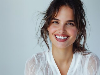 Wall Mural - Stylish young brunette woman smiling on a white background. Beauty and fashion. Style.