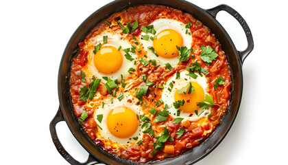 Wall Mural - Delicious shakshuka in frying pan isolated on white, top view