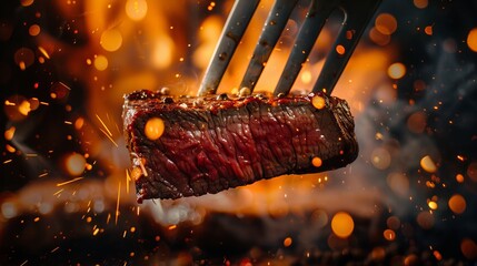 Wall Mural - A juicy, slightly pink steak is pierced by a metal fork. Flames and sparks rise from underneath, illuminating the tender meat.