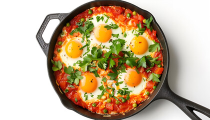 Wall Mural - Delicious shakshuka in frying pan isolated on white, top view