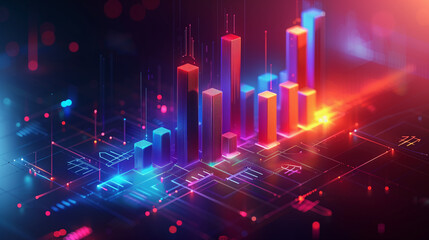 Statistic isometric chart in bright colors on futuristic abstract background