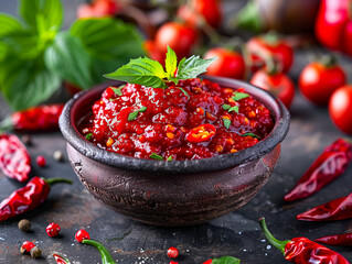 Wall Mural - A bowl of chili sauce with peppers and basil