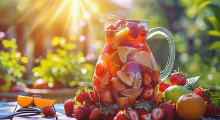 Pitcher Filled With Fruit on Table