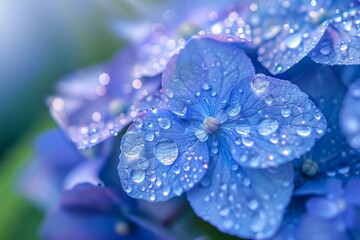 Wall Mural - Closeup of blue hydrangeas with dew drops, background blur, fresh and vibrant colors Generative AI