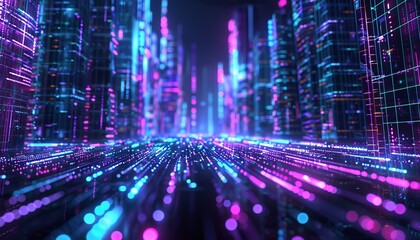 Aufkleber - Futuristic digital cityscape with neon lights and data streams, representing technology, innovation, and cyberspace concepts.