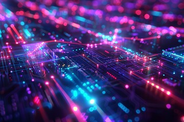 Aufkleber - Futuristic neon circuit board with vibrant colors representing technology and innovation. Perfect for tech, AI, and digital themes.