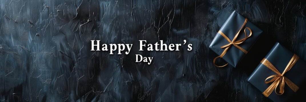 Two gift boxes on a solid black surface and text happy father's day written in the center.
