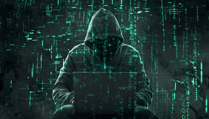 Anonymous hacker working with laptop on black background. Different digital codes around him