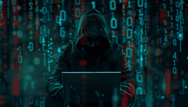 Anonymous hacker working with laptop on black background. Different digital codes around him