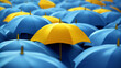 © God Image - Bright Yellow Umbrella Standing Out Among Blue Umbrellas - Unique Contrast in Rainy Weather