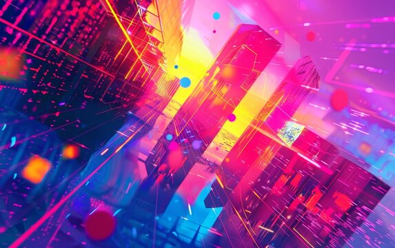 Vibrant digital cityscape with futuristic neon lights and abstract geometric shapes in a colorful cyberpunk setting.