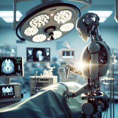 Wall Mural - In the hospital operating room, a robot is performing surgical procedures while medical staff oversee the process. The robots precise movements and state-of-the-art technology contribute to the