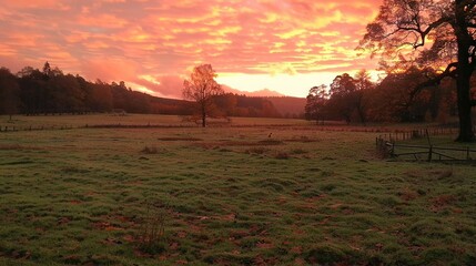 Canvas Print -   A field of lush green grass, dotted with tall trees, borders a fence up front, while an orange sun sets behind rolling clouds in the sky