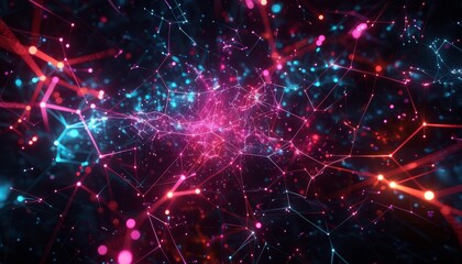 Vivid digital abstract network with glowing particles and connections on a dark background, representing futuristic technology and connectivity.