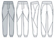 © Любовь Гладкая - Jogger Pants fashion flat technical drawing template. Sweat Pants technical fashion Illustration, side pocket, elastic waistband, front, side, back view, white, grey, women, men, unisex CAD mockup set