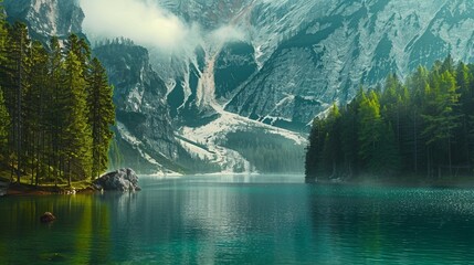 Wall Mural - Great view of the mighty rock above peaceful alpine lake Braies. National park Fanes-Sennes-Braies, Italy, Europe.