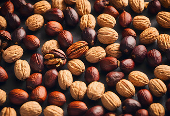 Lots of nuts, two varieties on a dark background. Healthy food concept.