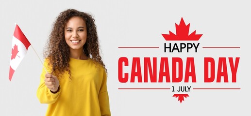 Poster - Happy young African-American woman with Canadian flag on light background. Banner for Canada Day