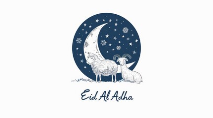 A poster for the Eid Al Adha. illustration cute sheep or ram against a moon, for the Qurban celebration. Muslims will celebrate this day.	typography and calligraphy text.