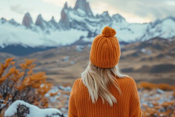 Wall Mural - Woman in an orange sweater and beanie looks out over the mountains 