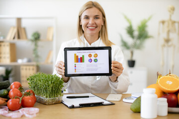 Caucasian female doctor holding tablet with charts of patients healthy diet. Portrait of happy female nutritionist presenting new app for calculating calorie content food for weight loss.