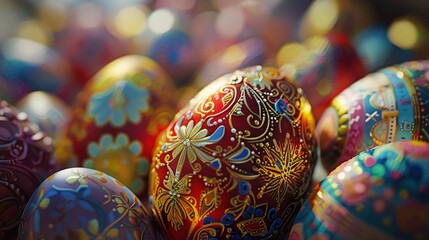 Poster -   A collection of vibrantly adorned eggs arranged atop a mound of similarly embellished eggs on a table