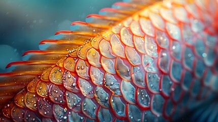 A close up of a fish tail with a blue and gold color. The tail is covered in small bubbles and has a shiny, reflective surface