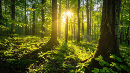 Wall Mural -   Through trees in a lush green forest, shining sun