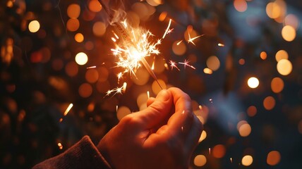 Closeup of a person's hand holding a sparkler, with the American flag and confetti in the blurred background, symbolizing individual freedom 