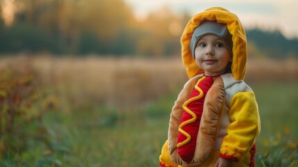 A little boy dressed in a hot dog costume during summer