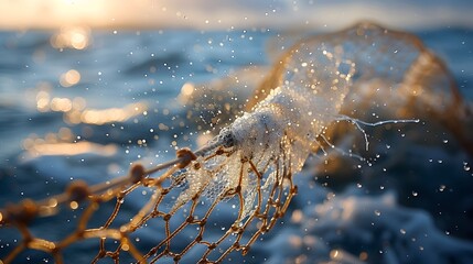 A fishing net is pulled out of the water, with the water splashing around it. Concept of movement and energy, as the water and the net are both in motion