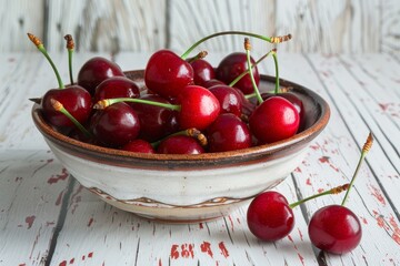 pile of fresh cherries, with focus on one cherry in the center, closeup shot, high resolution photog