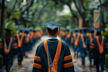 A man in a graduation gown walks down a hallway with other graduates. Concept of accomplishment and pride as the graduates prepare to receive their diplomas