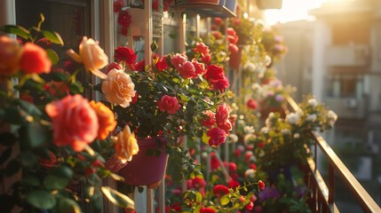 Wall Mural - A balcony with a variety of flowers, including roses, in pots