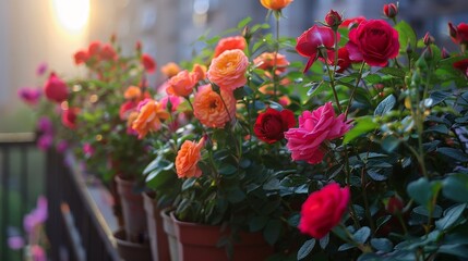 Wall Mural - A row of potted flowers with a mix of red and orange blooms