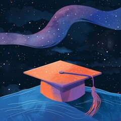 Wall Mural - Banner with graduation cap on night background, illustration