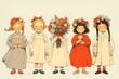 © Olga - Vintage style cartoon illustration of kids with flowers on a simple background. Card or poster design with copy space for text in minimalistic retro anime style.