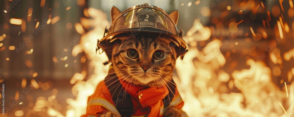 cat wearing a firefighter's helmet bravely chases after a ball of ...
