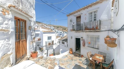   A narrow alleyway leads to a white building with balconies overlooking it A table and chairs are placed in front, inviting passersby to sit and enjoy the view