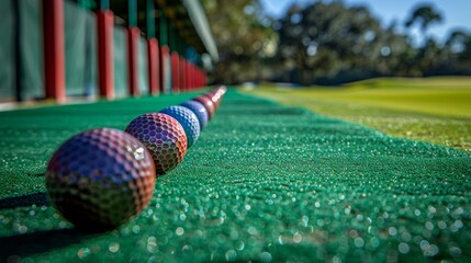 Canvas Print - Someone practicing their golf swing at the driving range, with balls flying through the air and clubs clinking together.